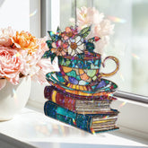 Teacup with Flowers Acrylic Suncatcher, Stained Glass Style Books and Tea Window Hanging, Cozy Cottagecore Reading Lover Gift Decor